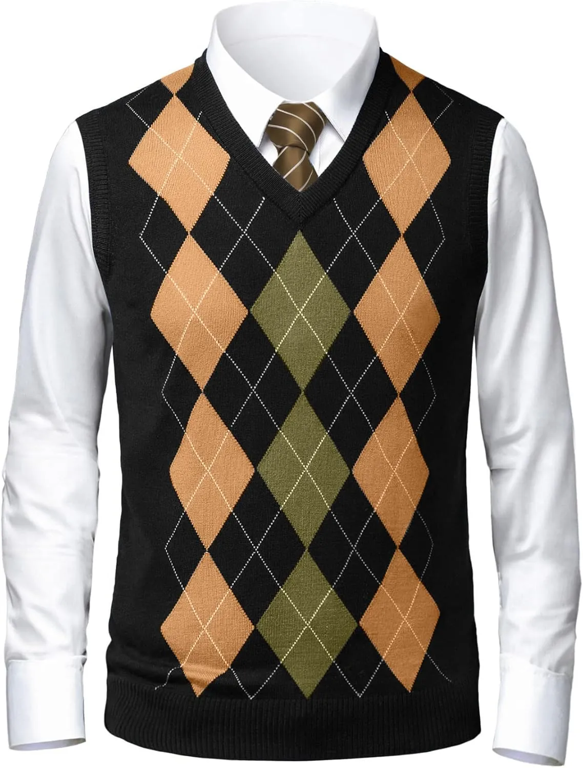 Gafeng Mens Argyle Sweater V-Neck Casual Winter Slim Fit Lightweight Sleeveless Knitwear Vest