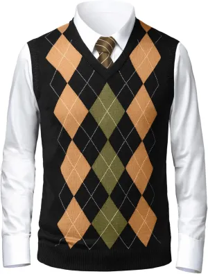 Gafeng Mens Argyle Sweater V-Neck Casual Winter Slim Fit Lightweight Sleeveless Knitwear Vest