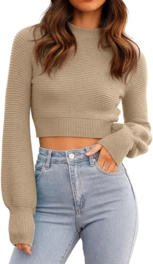 GeGekoko Womens Sexy Crew Neck Cropped Sweaters Ribbed Knit Long Sleeve Crop Tops Pullover
