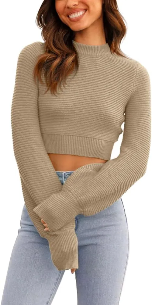 GeGekoko Womens Sexy Crew Neck Cropped Sweaters Ribbed Knit Long Sleeve Crop Tops Pullover