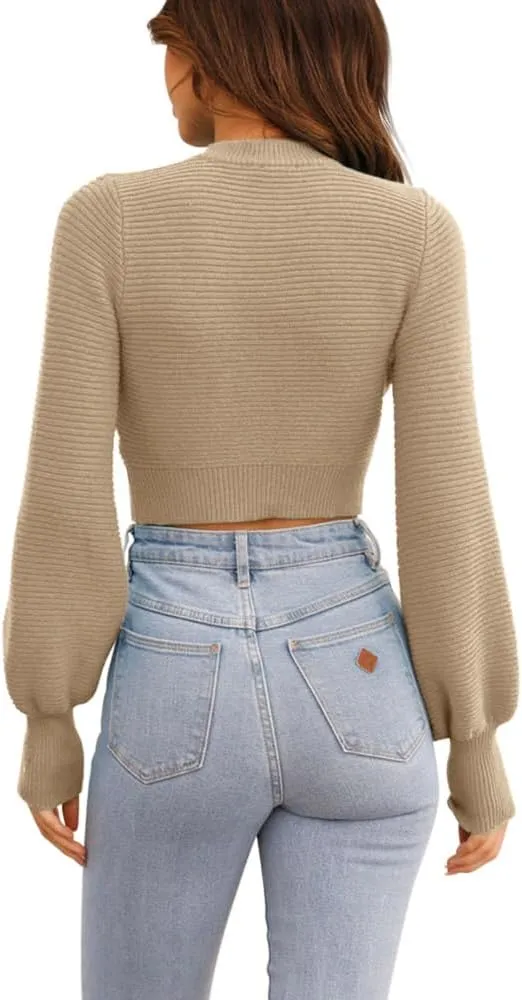 GeGekoko Womens Sexy Crew Neck Cropped Sweaters Ribbed Knit Long Sleeve Crop Tops Pullover