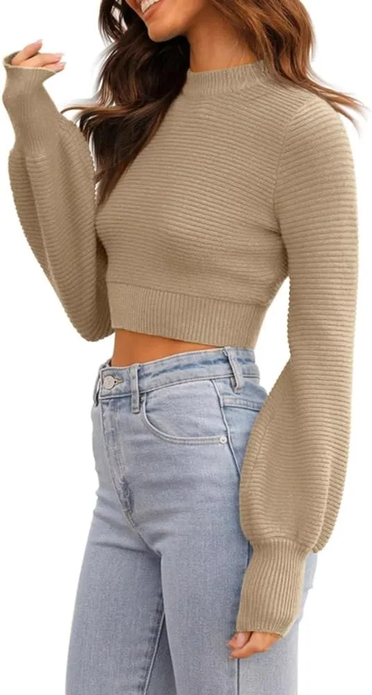 GeGekoko Womens Sexy Crew Neck Cropped Sweaters Ribbed Knit Long Sleeve Crop Tops Pullover