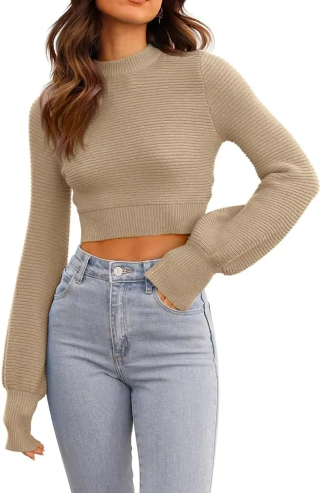 GeGekoko Womens Sexy Crew Neck Cropped Sweaters Ribbed Knit Long Sleeve Crop Tops Pullover