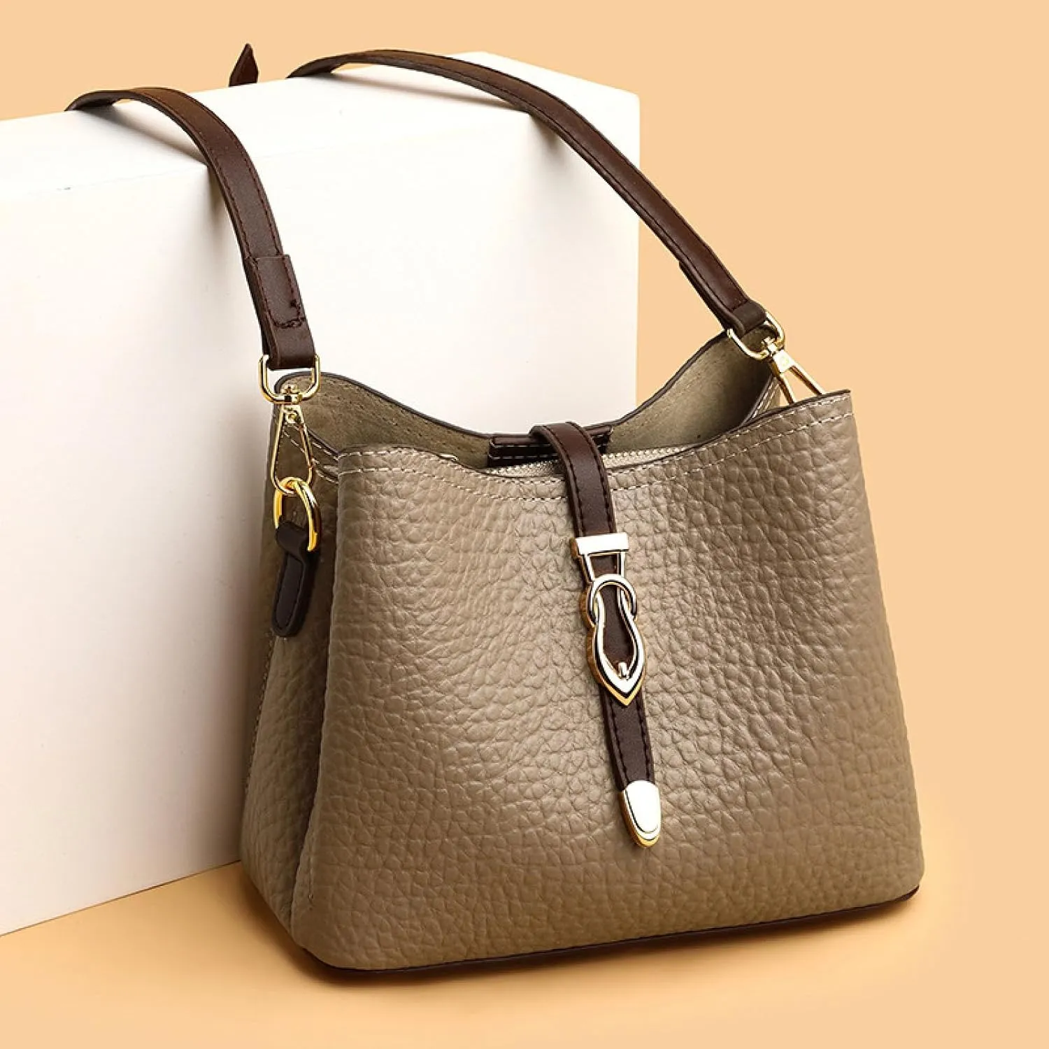 Genuine Leather Women's Bag, Bucket Bag, Top Layer Cowhide Shoulder Crossbody Bag