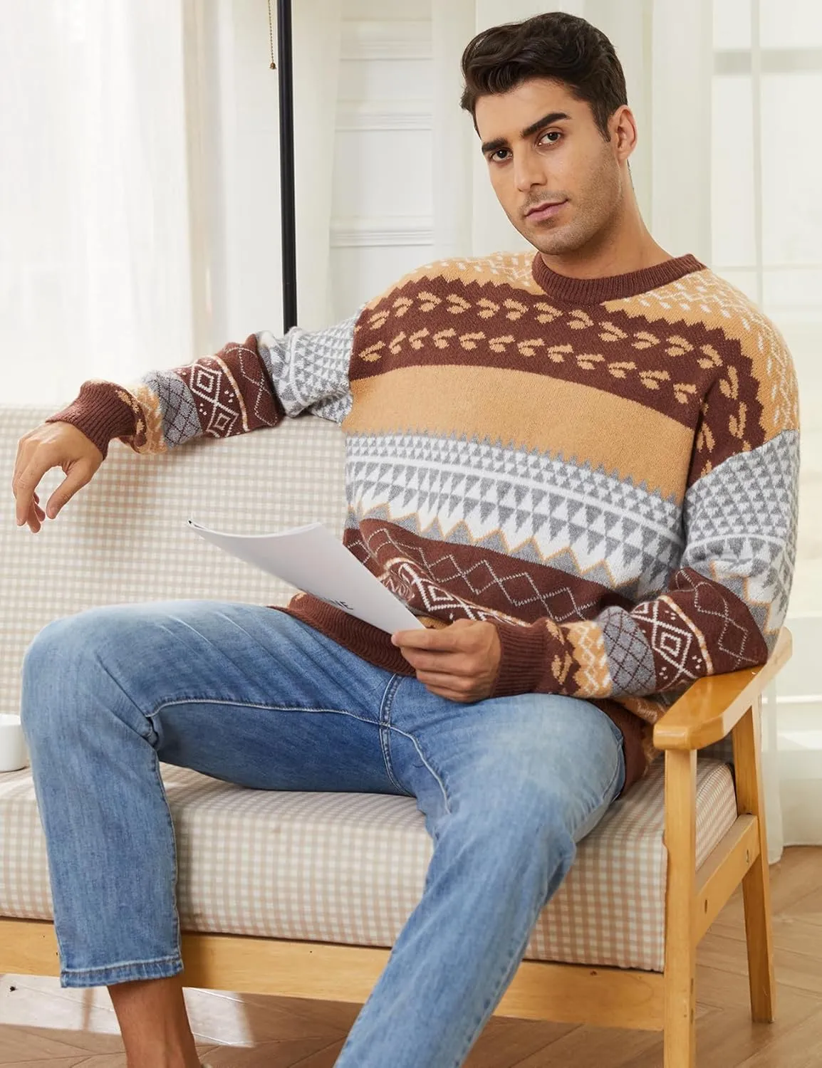 Gihuo Men Vintage Striped Sweater Grandpa Fall Winter Pullover Long Sleeve Crewneck Jumper Knit Christmas Sweater Tops