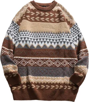 Gihuo Men Vintage Striped Sweater Grandpa Fall Winter Pullover Long Sleeve Crewneck Jumper Knit Christmas Sweater Tops