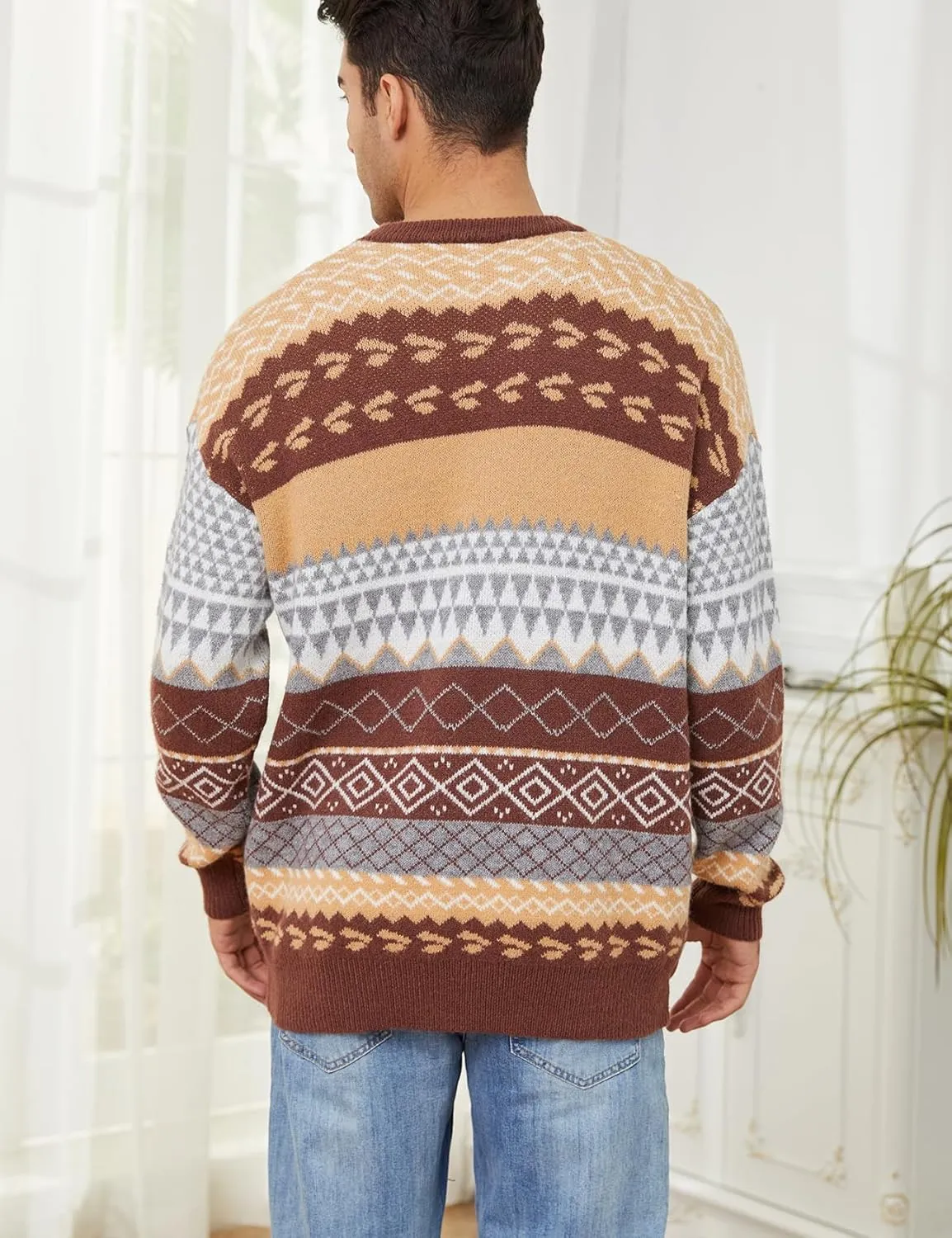 Gihuo Men Vintage Striped Sweater Grandpa Fall Winter Pullover Long Sleeve Crewneck Jumper Knit Christmas Sweater Tops