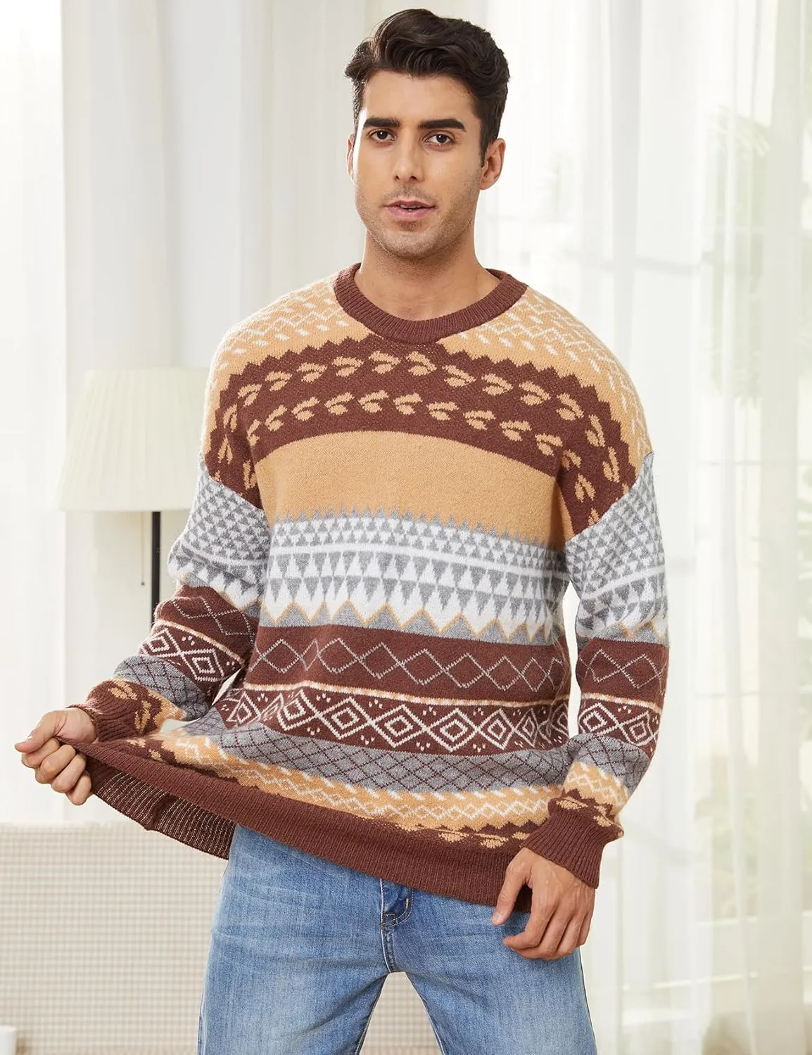 Gihuo Men Vintage Striped Sweater Grandpa Fall Winter Pullover Long Sleeve Crewneck Jumper Knit Christmas Sweater Tops