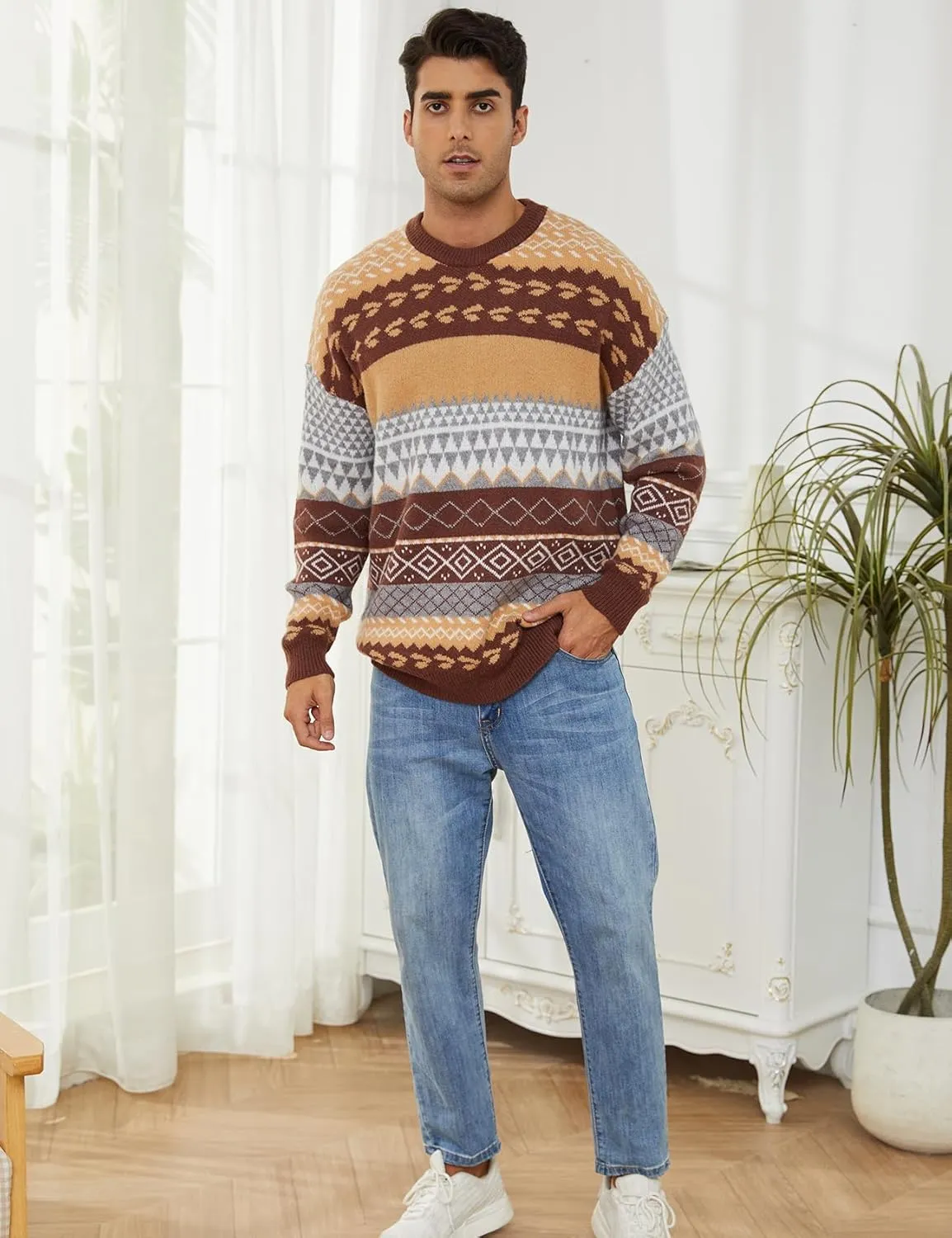 Gihuo Men Vintage Striped Sweater Grandpa Fall Winter Pullover Long Sleeve Crewneck Jumper Knit Christmas Sweater Tops
