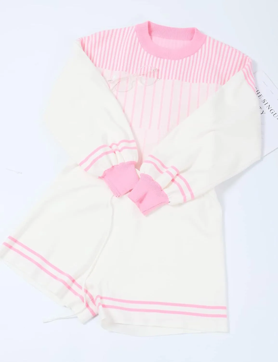 Gihuo Women' s Striped 2 Piece Outfits Crewneck Knit Pullover Sweater Shorts Set Wide Leg Matching Set Loungewear