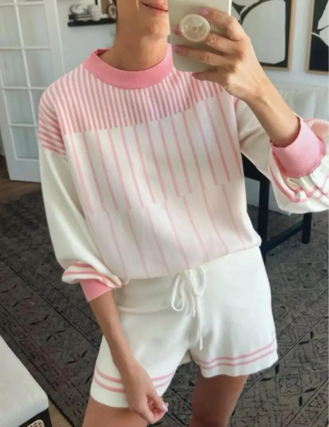 Gihuo Women' s Striped 2 Piece Outfits Crewneck Knit Pullover Sweater Shorts Set Wide Leg Matching Set Loungewear