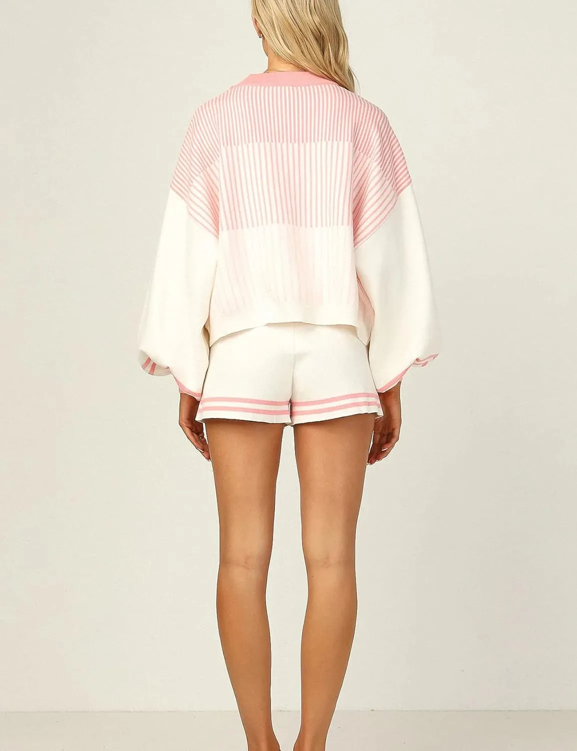 Gihuo Women' s Striped 2 Piece Outfits Crewneck Knit Pullover Sweater Shorts Set Wide Leg Matching Set Loungewear
