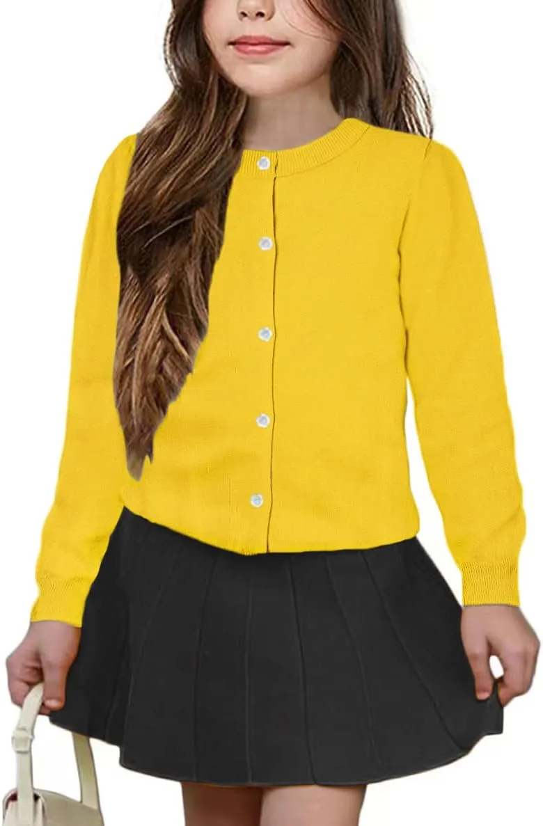 Girls' Cardigan Sweater [Cute Petal Buttons] Cotton Long Sleeve Crewneck Uniform Sweater for 5-14 Years Girls