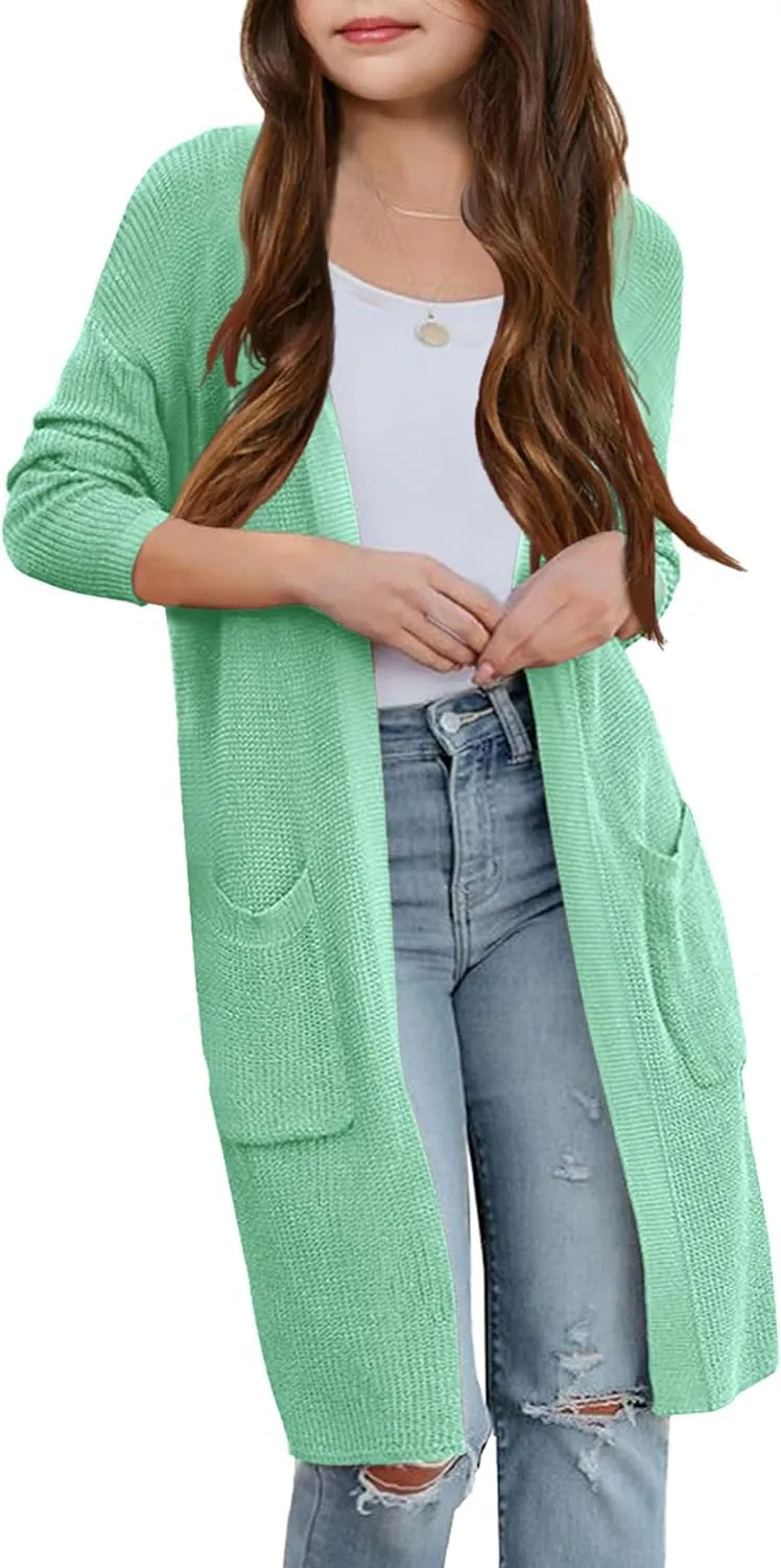 Girl's Open Front Cardigan Long Sleeve Knit Sweaters Lightweight Summer Solid Loose Outerwear Coats with Pockets