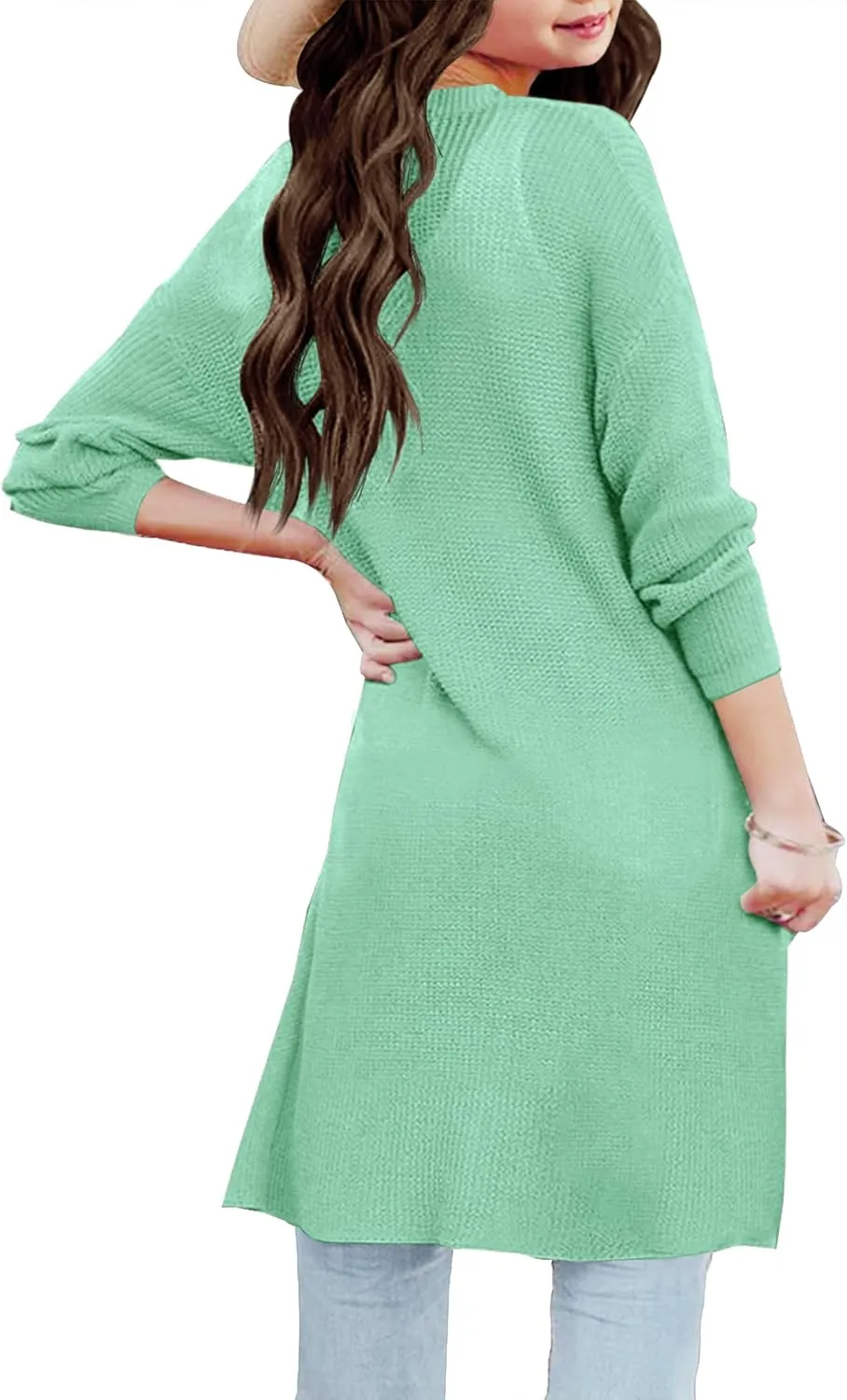 Girl's Open Front Cardigan Long Sleeve Knit Sweaters Lightweight Summer Solid Loose Outerwear Coats with Pockets