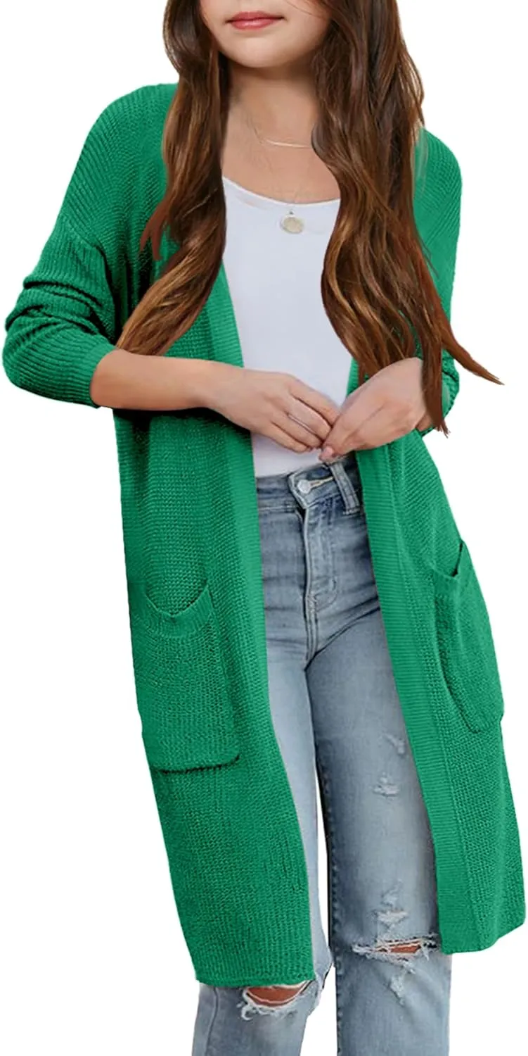 Girl's Open Front Cardigan Long Sleeve Knit Sweaters Lightweight Summer Solid Loose Outerwear Coats with Pockets