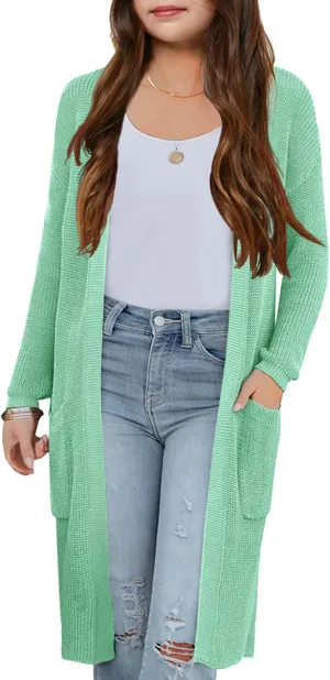 Girl's Open Front Cardigan Long Sleeve Knit Sweaters Lightweight Summer Solid Loose Outerwear Coats with Pockets
