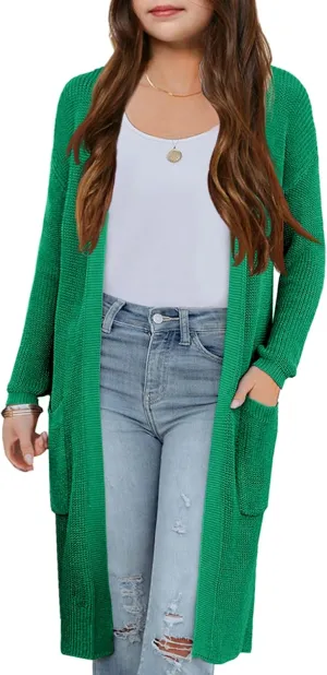 Girl's Open Front Cardigan Long Sleeve Knit Sweaters Lightweight Summer Solid Loose Outerwear Coats with Pockets