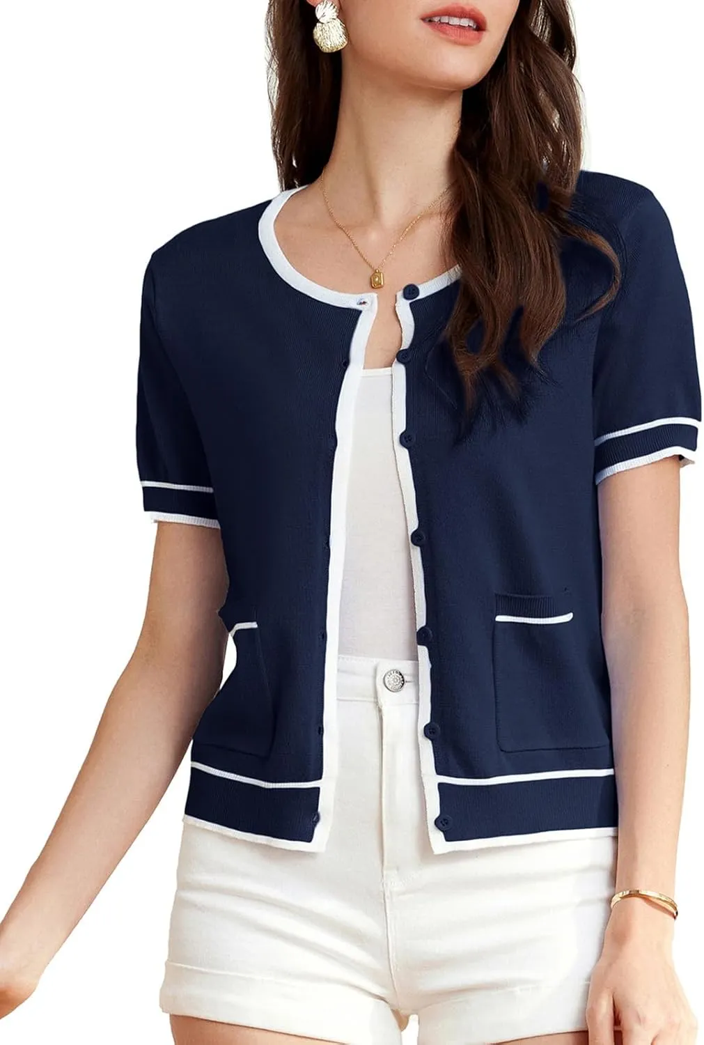 GRACE KARIN Short Sleeve Contrast Cardigan Sweaters for Women Summer Casual Striped Button Down Bolero Shrug