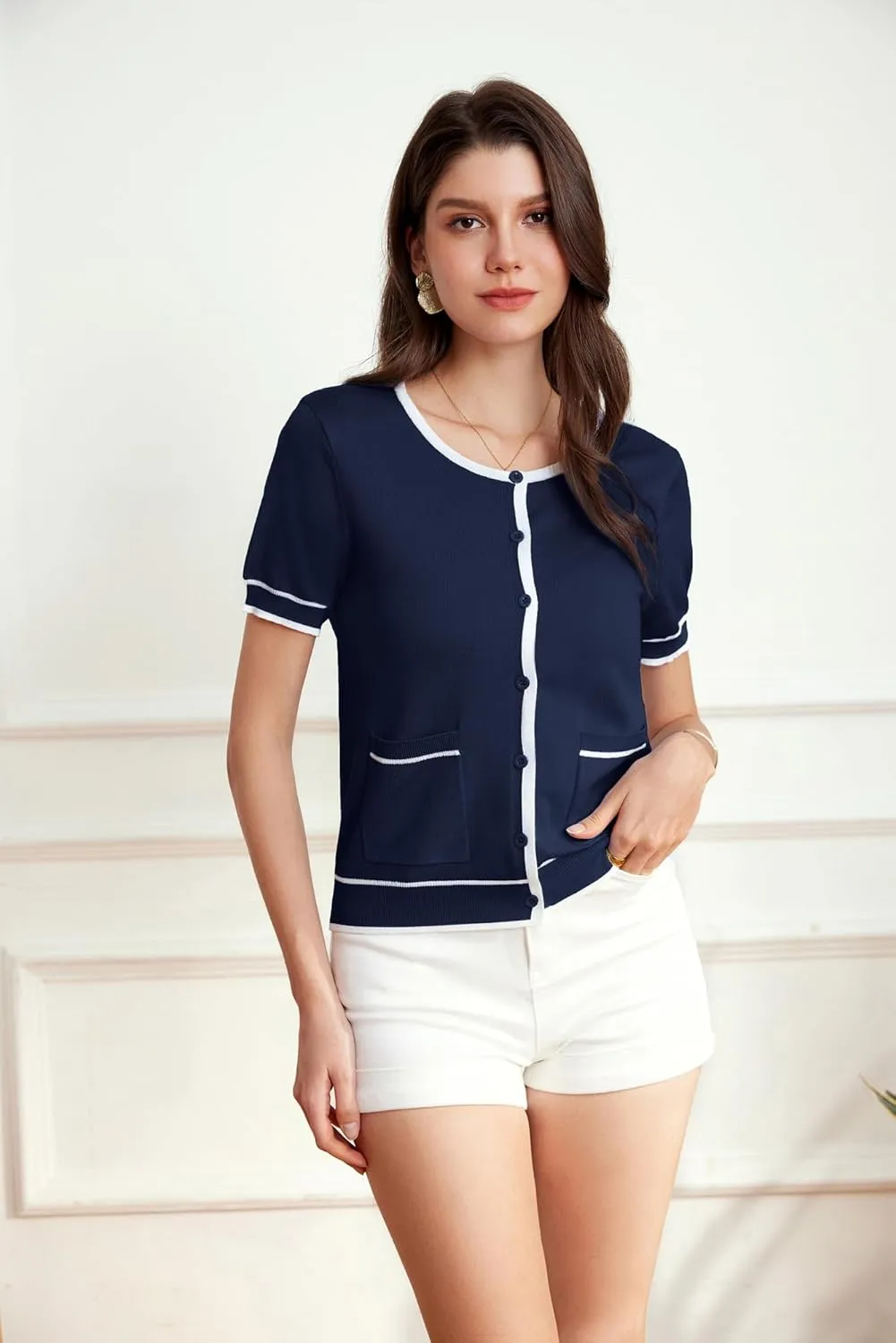 GRACE KARIN Short Sleeve Contrast Cardigan Sweaters for Women Summer Casual Striped Button Down Bolero Shrug