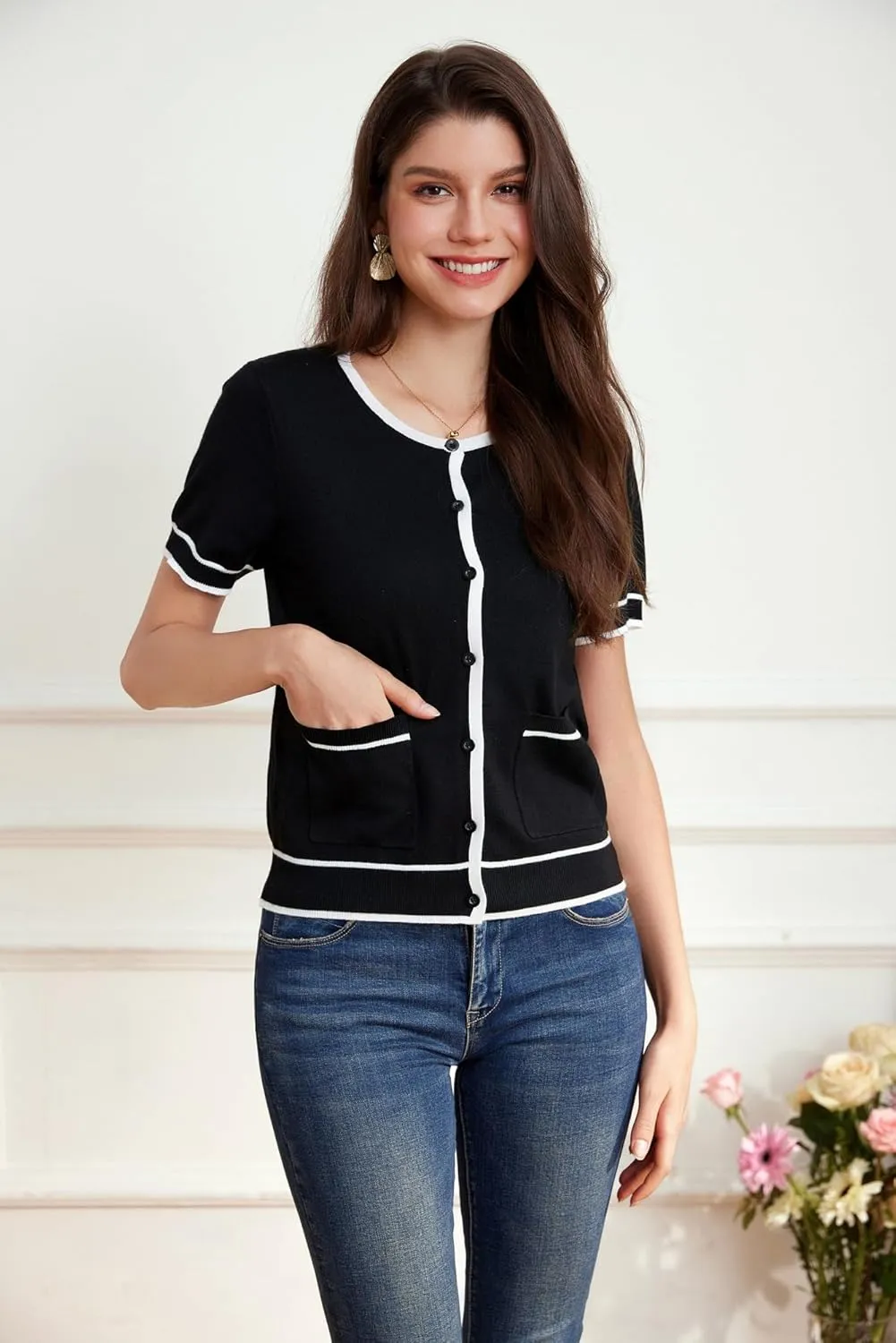 GRACE KARIN Short Sleeve Contrast Cardigan Sweaters for Women Summer Casual Striped Button Down Bolero Shrug