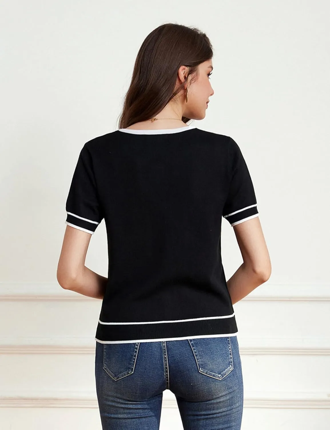 GRACE KARIN Short Sleeve Contrast Cardigan Sweaters for Women Summer Casual Striped Button Down Bolero Shrug
