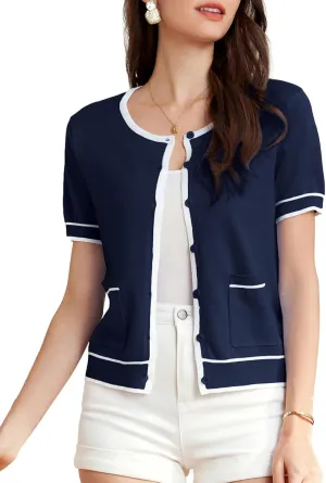 GRACE KARIN Short Sleeve Contrast Cardigan Sweaters for Women Summer Casual Striped Button Down Bolero Shrug