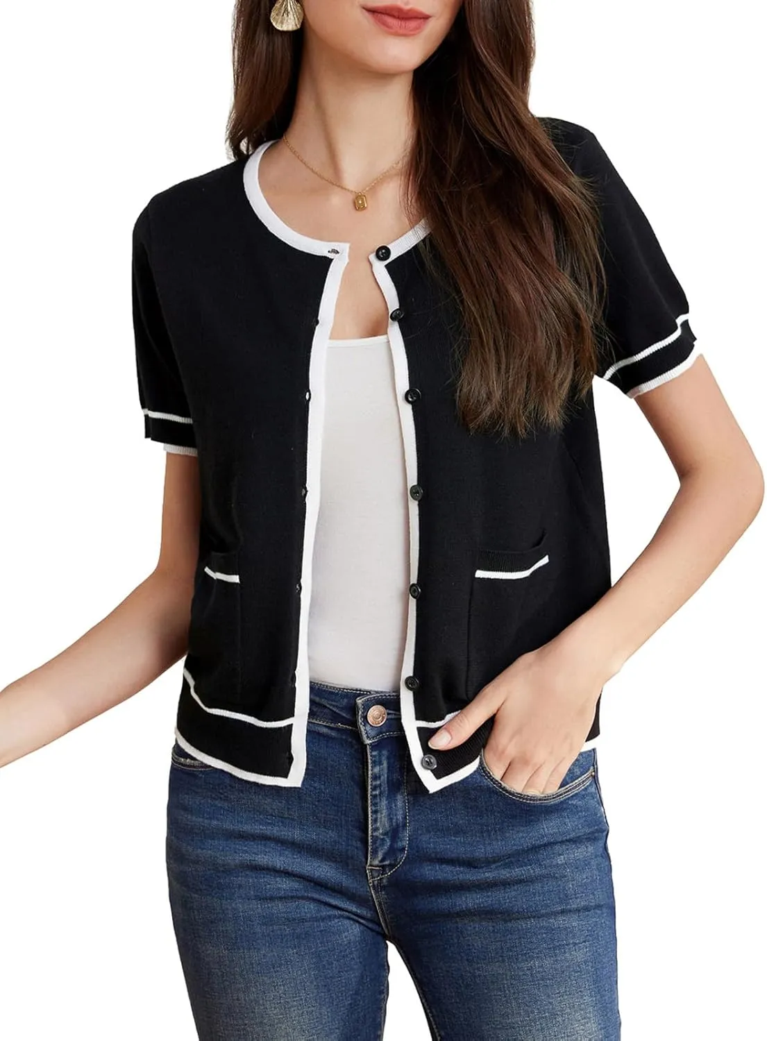 GRACE KARIN Short Sleeve Contrast Cardigan Sweaters for Women Summer Casual Striped Button Down Bolero Shrug