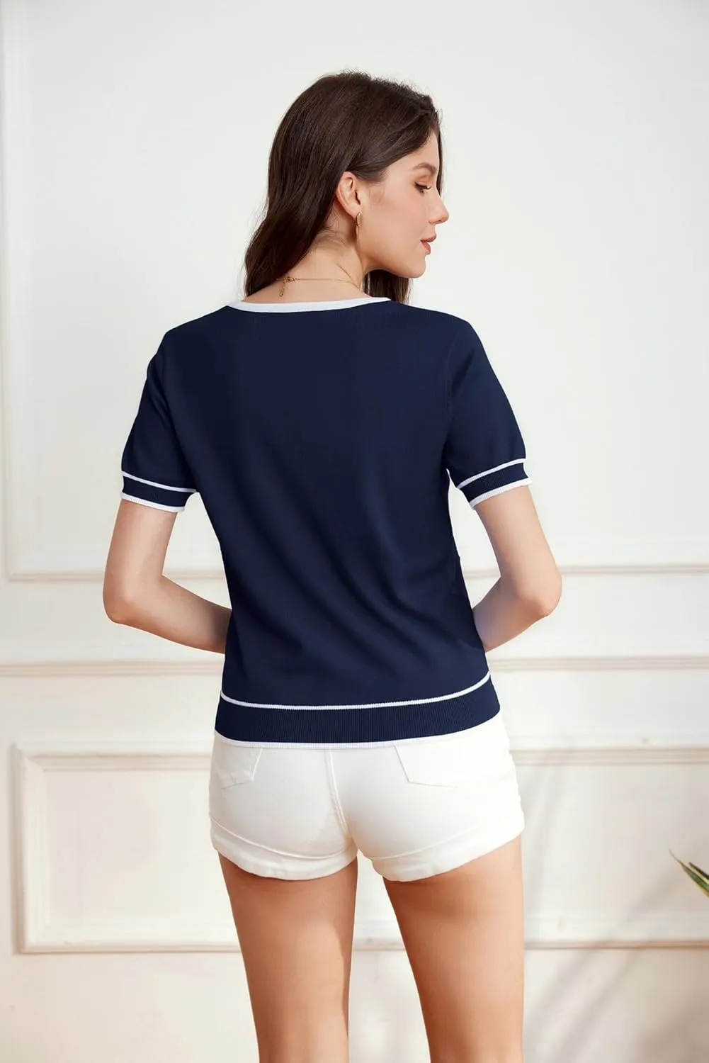 GRACE KARIN Short Sleeve Contrast Cardigan Sweaters for Women Summer Casual Striped Button Down Bolero Shrug