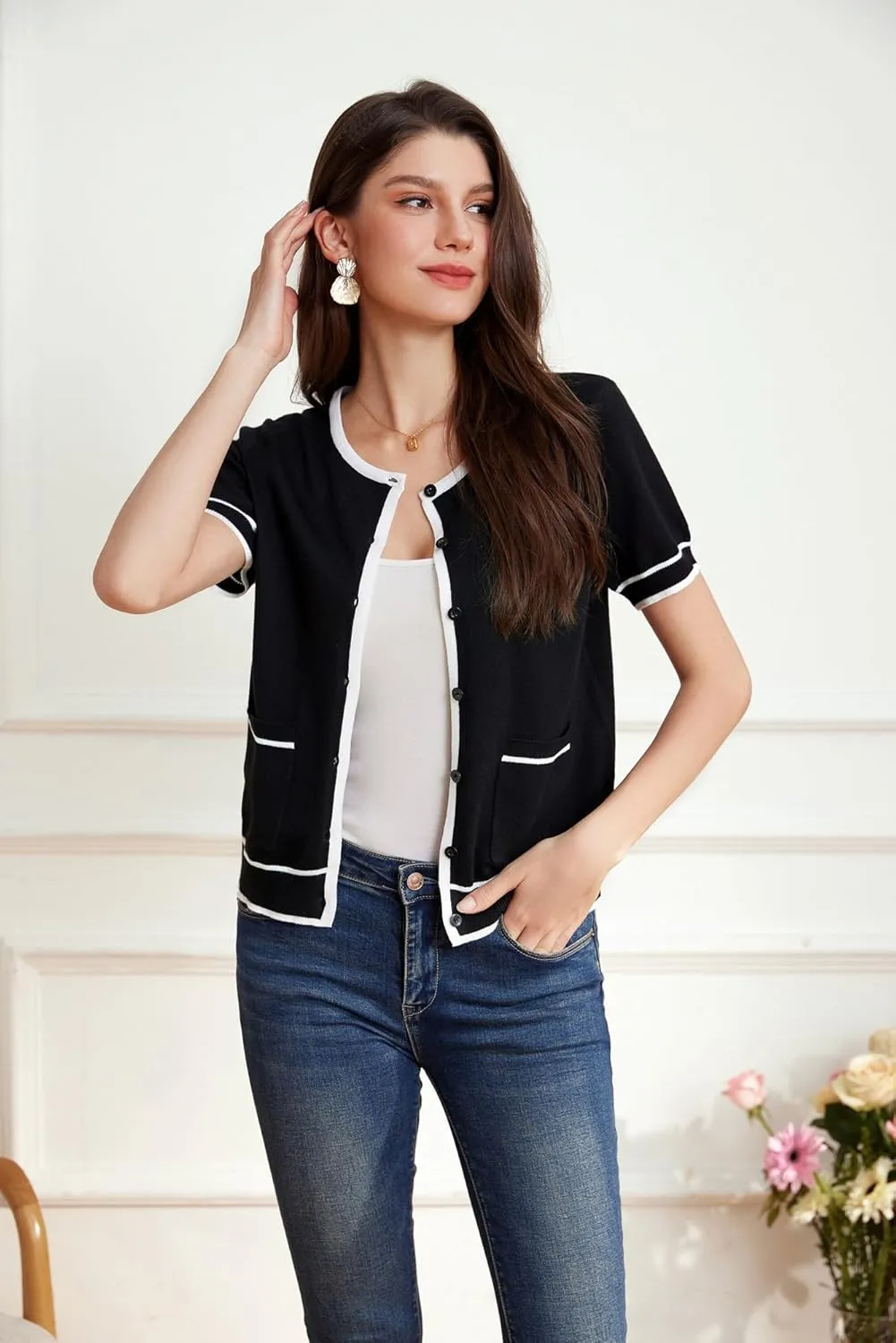 GRACE KARIN Short Sleeve Contrast Cardigan Sweaters for Women Summer Casual Striped Button Down Bolero Shrug