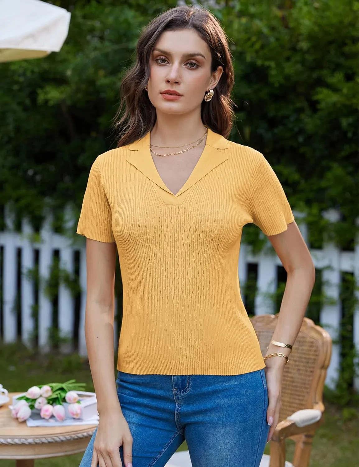 GRACE KARIN Womens 2025 Summer Short Sleeve Sweater V Neck Knitted Polo Shirt Lightweight Collared Pullover Sweater