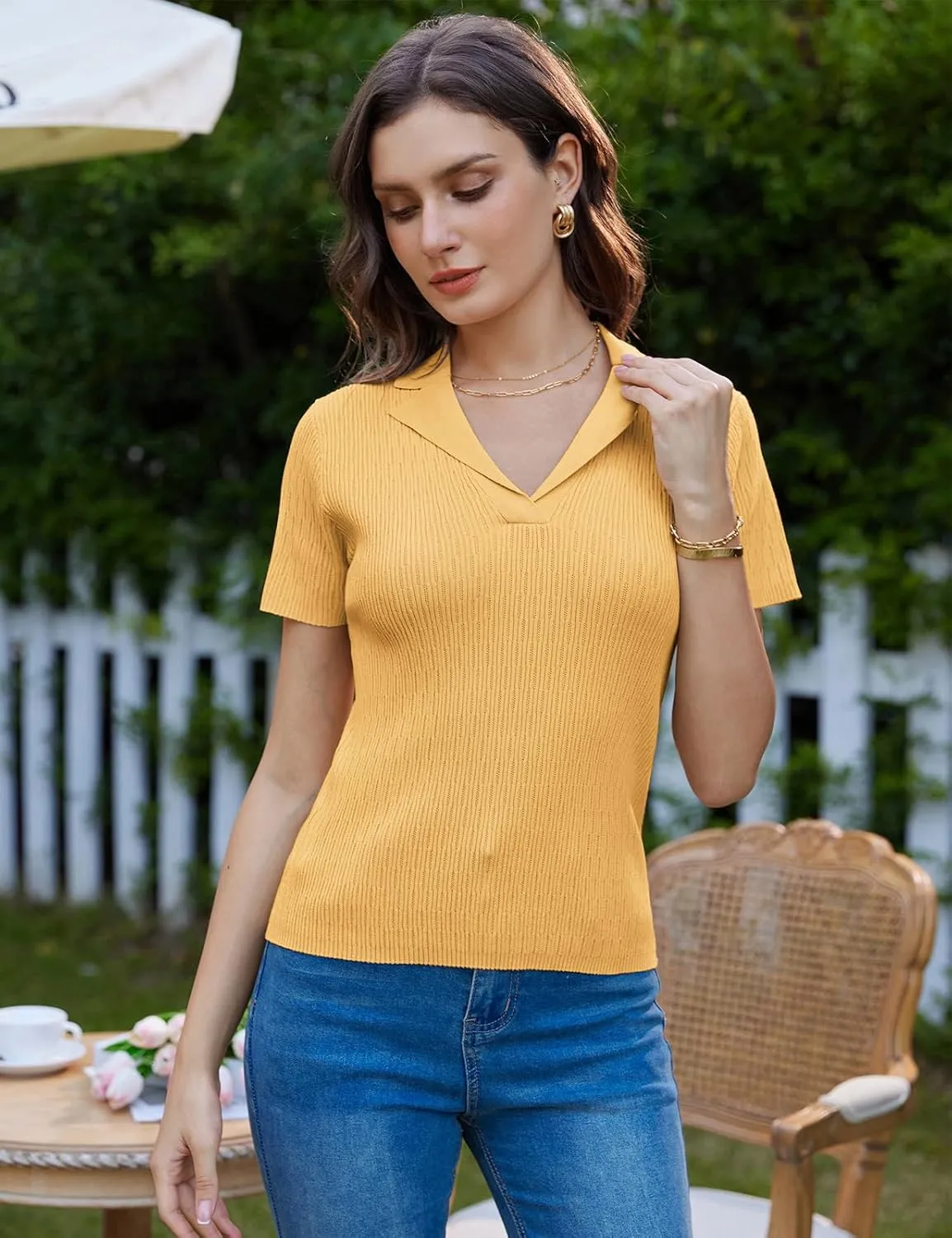 GRACE KARIN Womens 2025 Summer Short Sleeve Sweater V Neck Knitted Polo Shirt Lightweight Collared Pullover Sweater