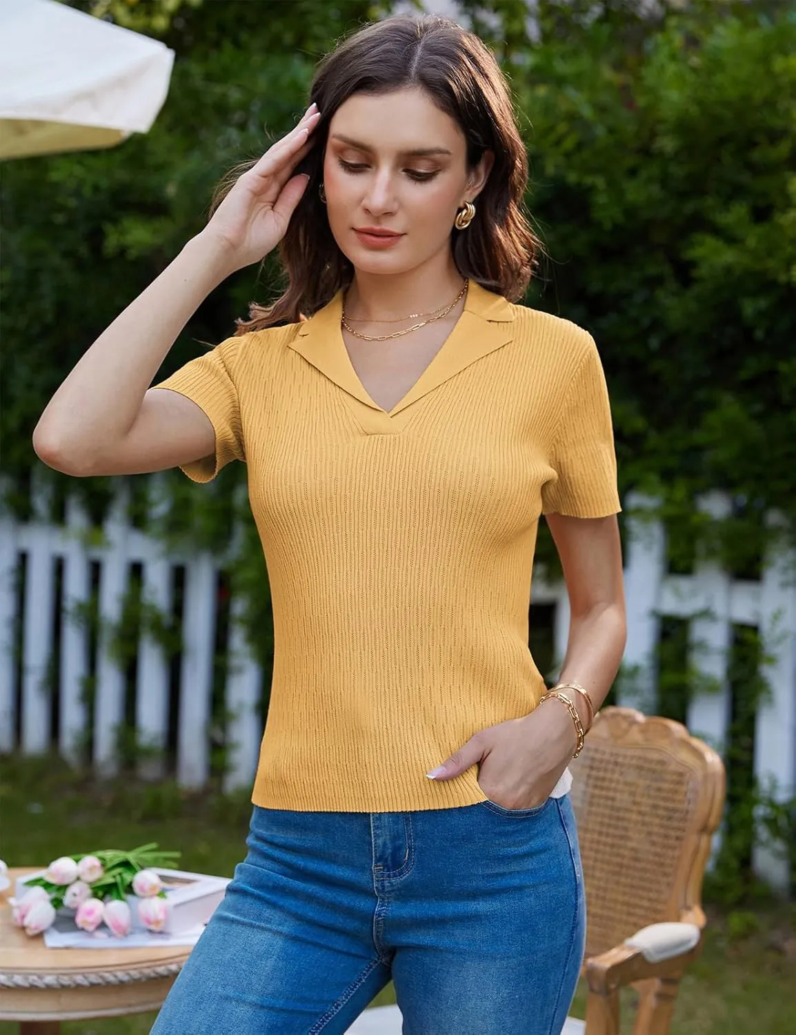 GRACE KARIN Womens 2025 Summer Short Sleeve Sweater V Neck Knitted Polo Shirt Lightweight Collared Pullover Sweater