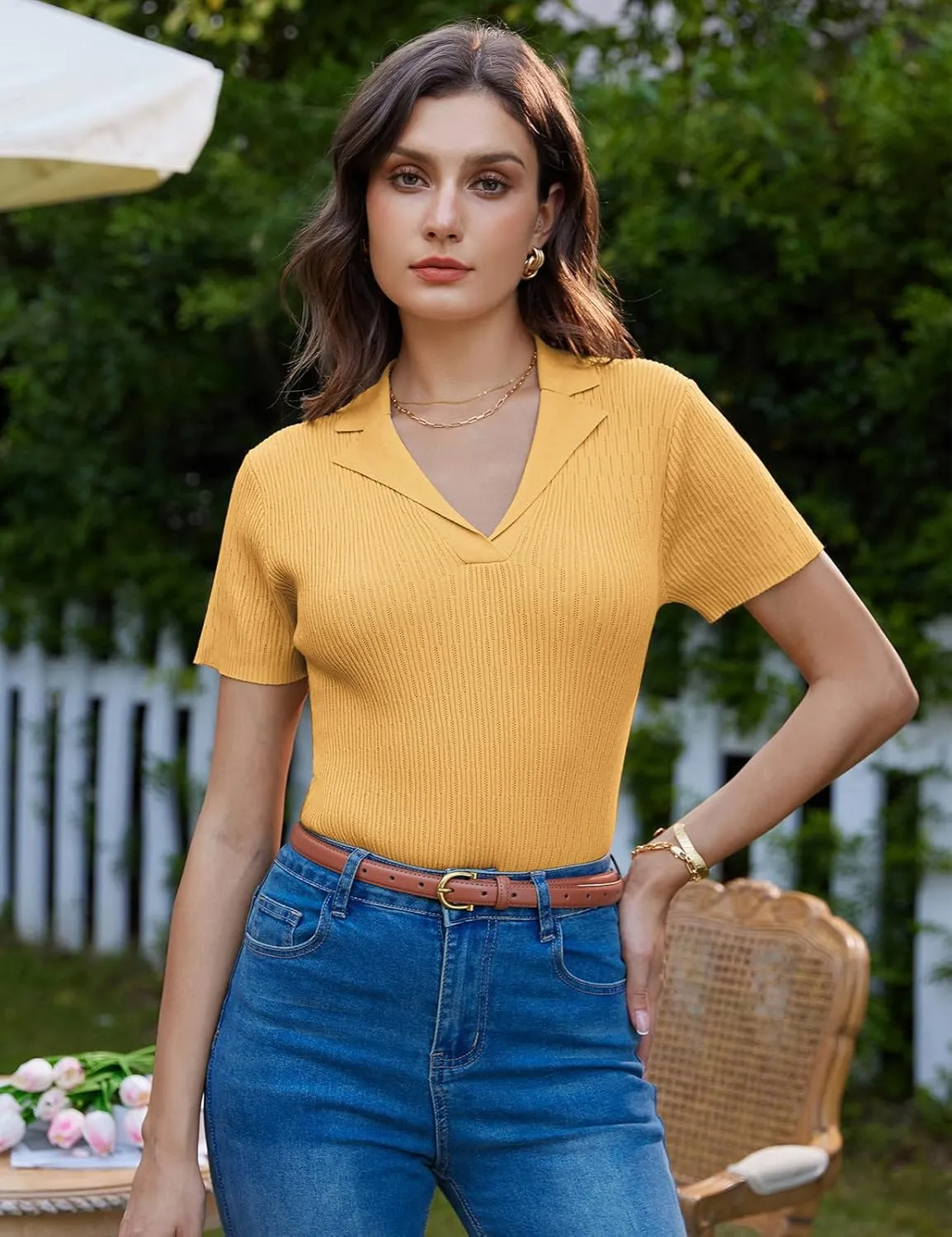 GRACE KARIN Womens 2025 Summer Short Sleeve Sweater V Neck Knitted Polo Shirt Lightweight Collared Pullover Sweater