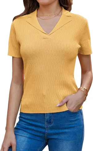 GRACE KARIN Womens 2025 Summer Short Sleeve Sweater V Neck Knitted Polo Shirt Lightweight Collared Pullover Sweater