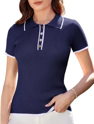 GRACE KARIN Women's Short Sleeve Sweaters Tops Polo V Neck Ribbed Knit Pullover Business Shirts 2025 Summer Outfits