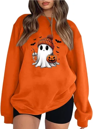 Halloween Sweatshirts for Women Long Sleeve Crewneck Cute Spooky Pullover Tops Oversized Halloween Ghost Shirt