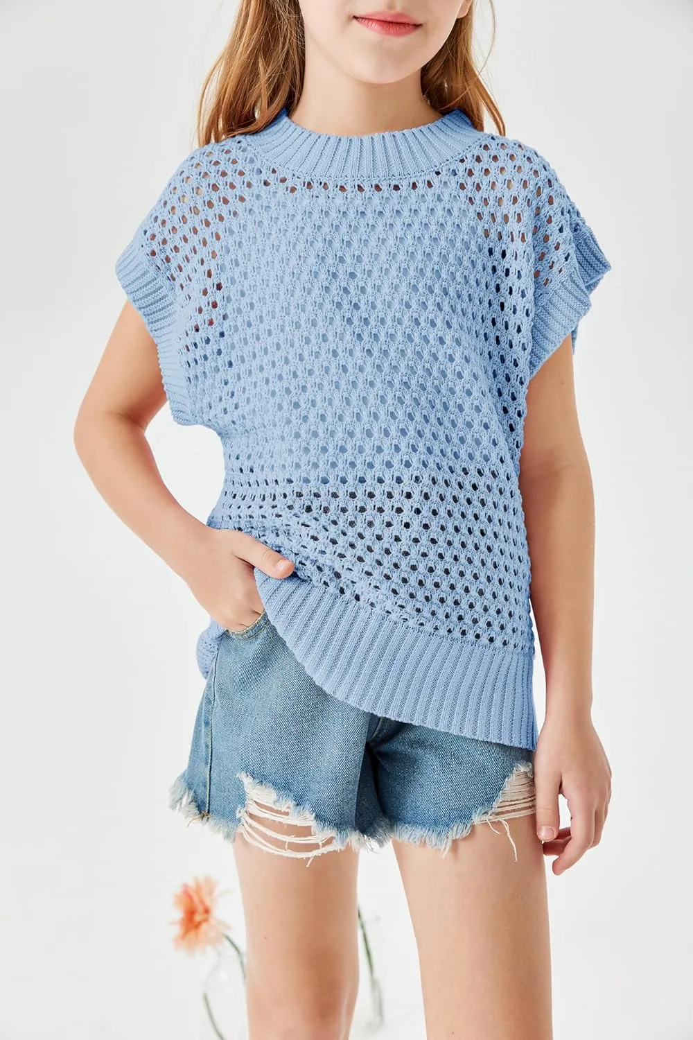 Haloumoning Girls Short Sleeve T Shirt Crewneck Knit Crop Top Hollow Out Pullovers Sweater 5-14 Years