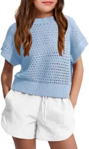 Haloumoning Girls Short Sleeve T Shirt Crewneck Knit Crop Top Hollow Out Pullovers Sweater 5-14 Years