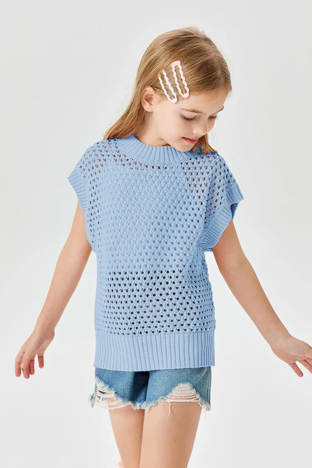 Haloumoning Girls Short Sleeve T Shirt Crewneck Knit Crop Top Hollow Out Pullovers Sweater 5-14 Years