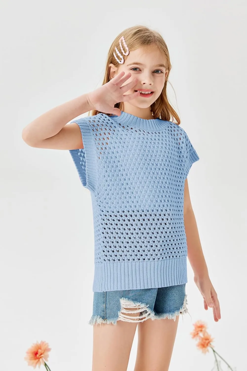 Haloumoning Girls Short Sleeve T Shirt Crewneck Knit Crop Top Hollow Out Pullovers Sweater 5-14 Years