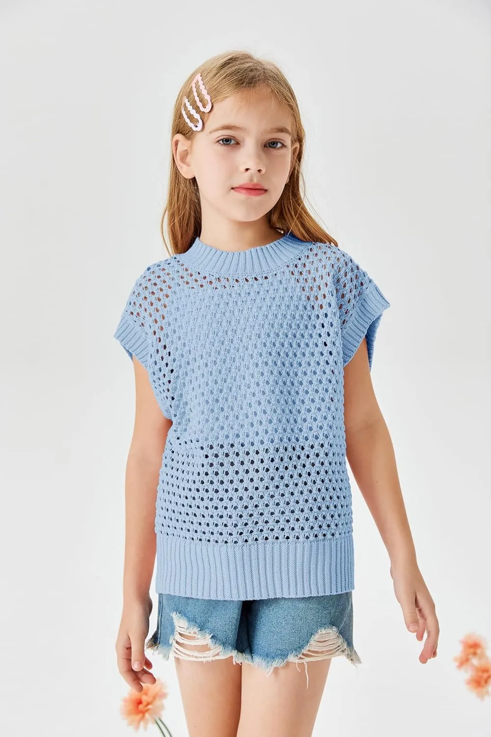 Haloumoning Girls Short Sleeve T Shirt Crewneck Knit Crop Top Hollow Out Pullovers Sweater 5-14 Years