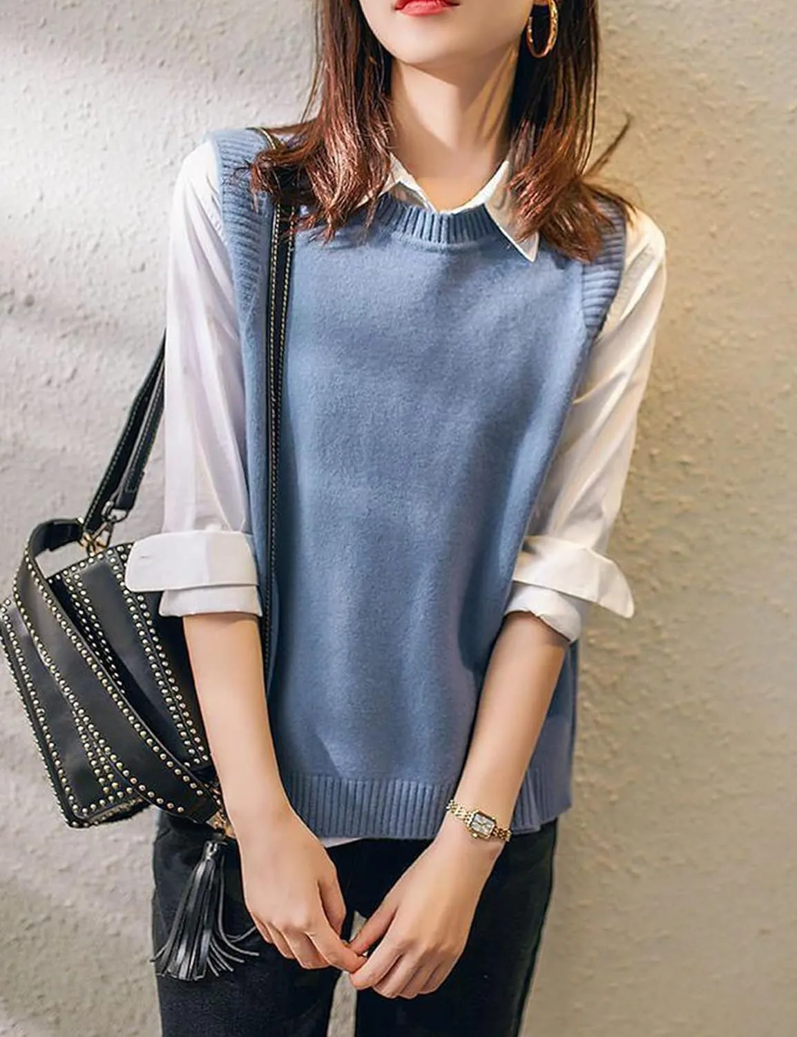 HangNiFang Women's Round Neck Sleeveless Pullover Ribbed Knit Sweater Vest Top