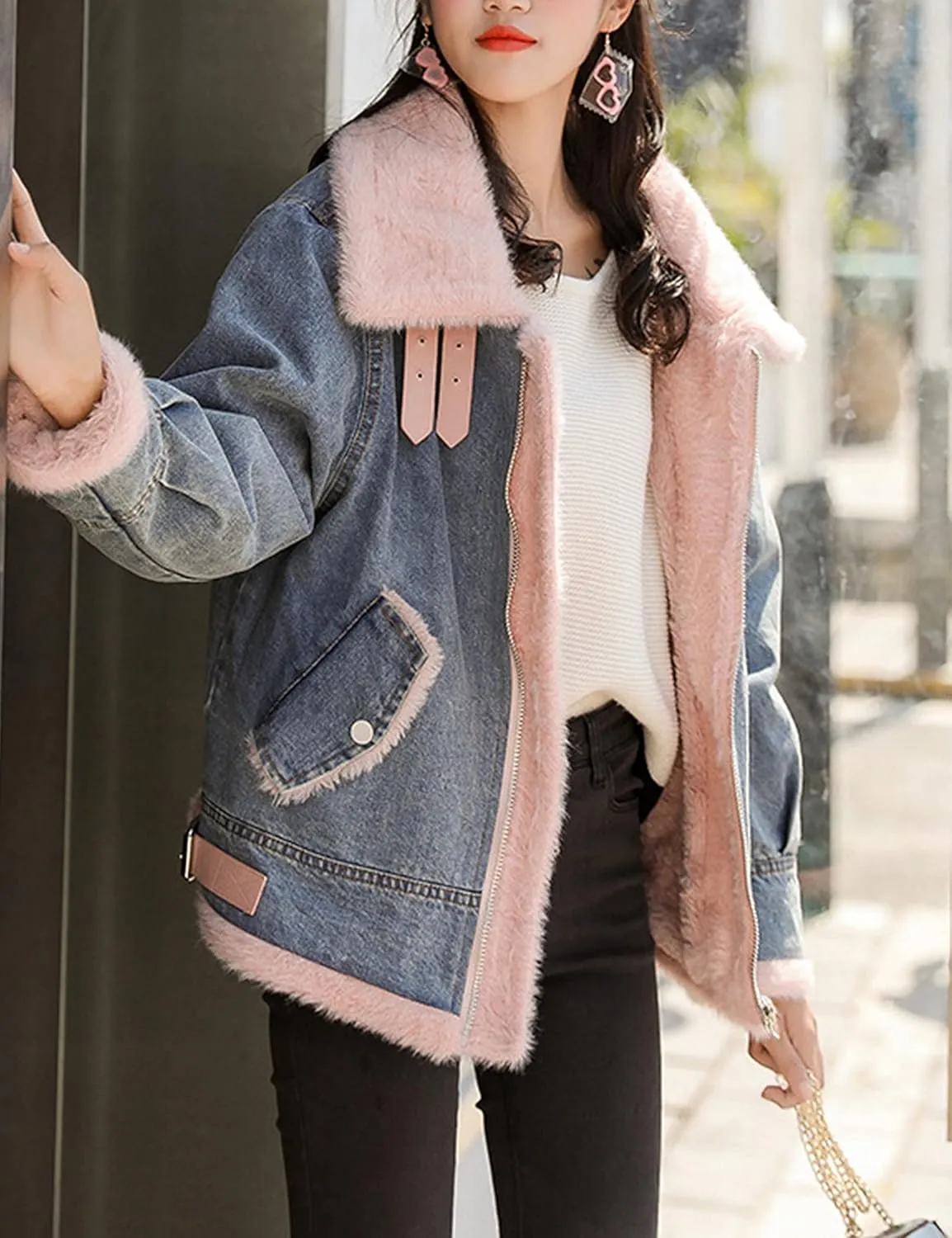 HangNiFang Women's Sherpa Fleece Lined Denim Jacket Winter Zip Up Jean Coat Outerwear