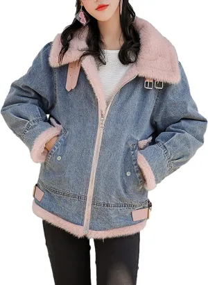 HangNiFang Women's Sherpa Fleece Lined Denim Jacket Winter Zip Up Jean Coat Outerwear