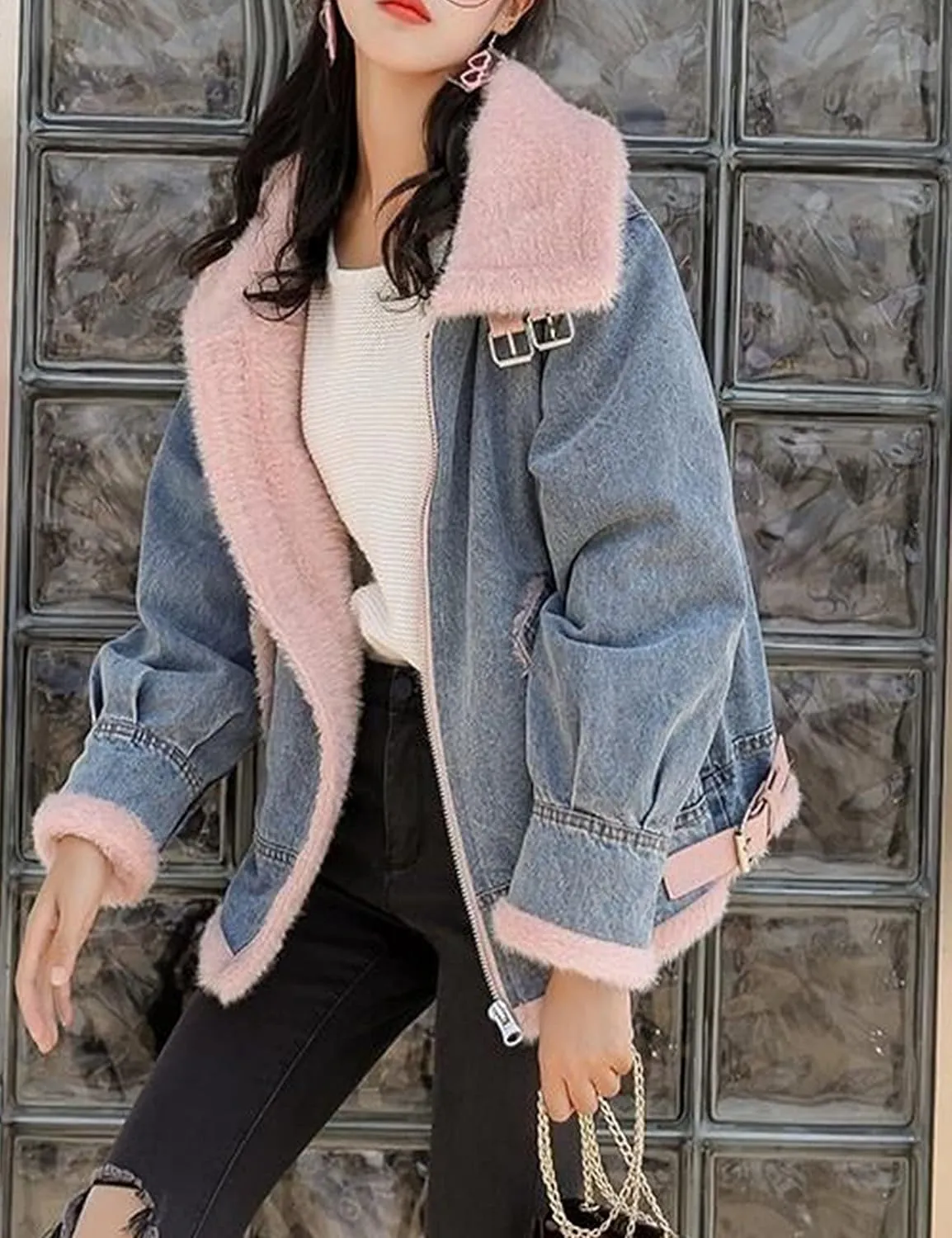 HangNiFang Women's Sherpa Fleece Lined Denim Jacket Winter Zip Up Jean Coat Outerwear