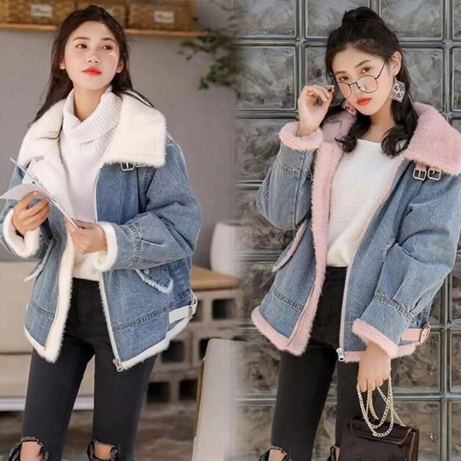 HangNiFang Women's Sherpa Fleece Lined Denim Jacket Winter Zip Up Jean Coat Outerwear