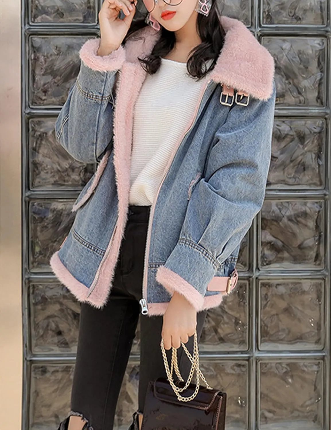 HangNiFang Women's Sherpa Fleece Lined Denim Jacket Winter Zip Up Jean Coat Outerwear