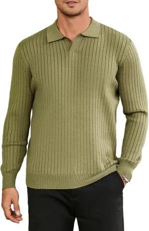 Hardaddy Men's Ribbed Knit Sweater Casual Long Sleeve Polo Sweater Collared V Neck Polo Shirts Solid Pullover Tops