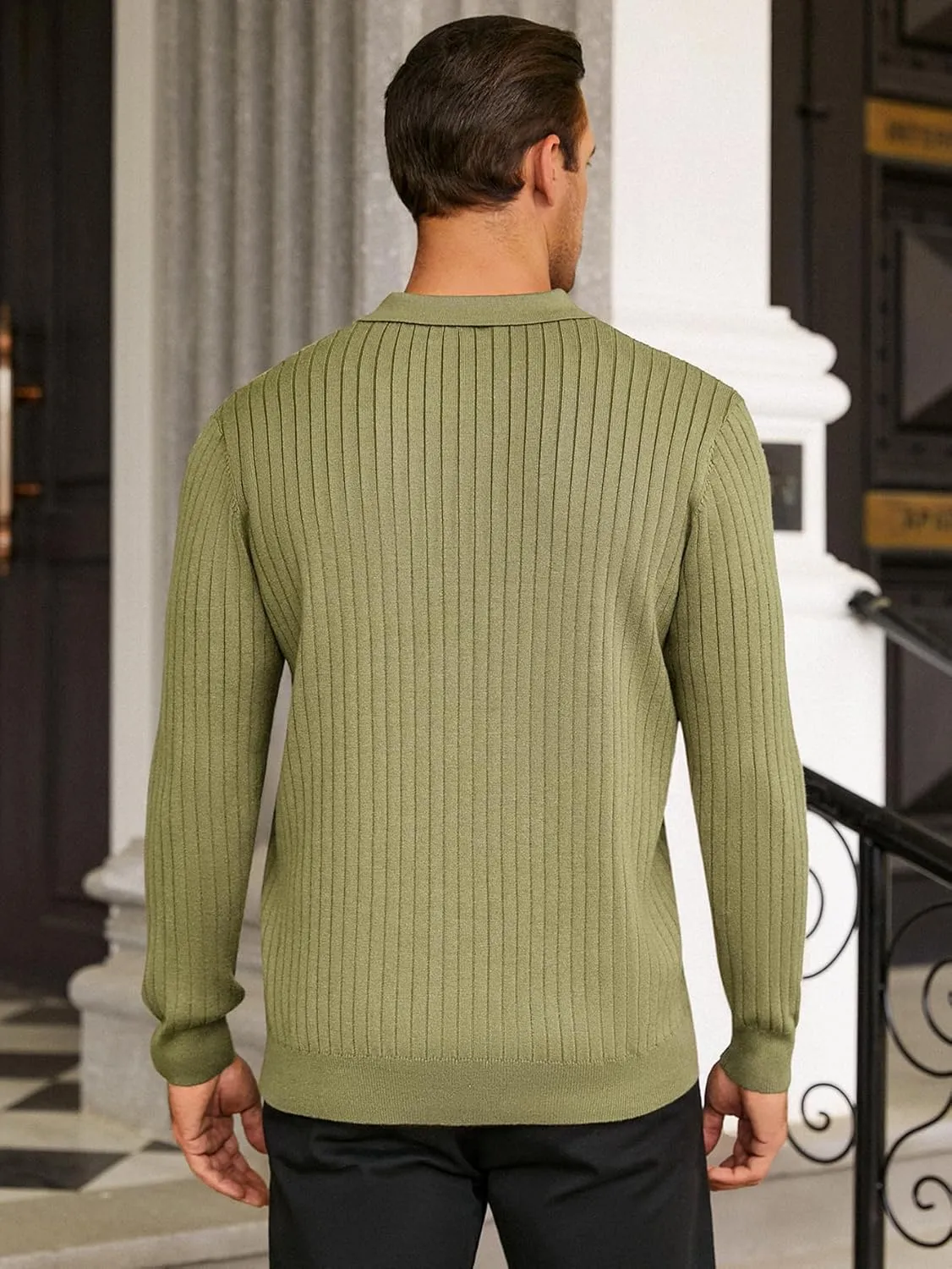 Hardaddy Men's Ribbed Knit Sweater Casual Long Sleeve Polo Sweater Collared V Neck Polo Shirts Solid Pullover Tops